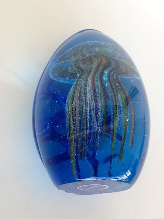 Murano Paperweight Glass Blue with Jellyfish