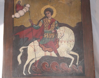 Antique Continental Icon oil painting Saint George slaying the dragon circa 1800's or before