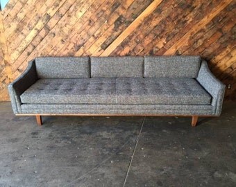 Mid Century Style Grey Sofa with Walnut Trim