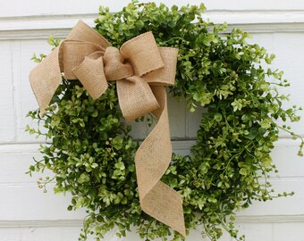 Boxwood Wreath, Farmhouse Decor, Green Wreath, Front Door Wreath, Burlap Wreath, Outdoor Wreath, Year Round Wreath, All Season Wreath