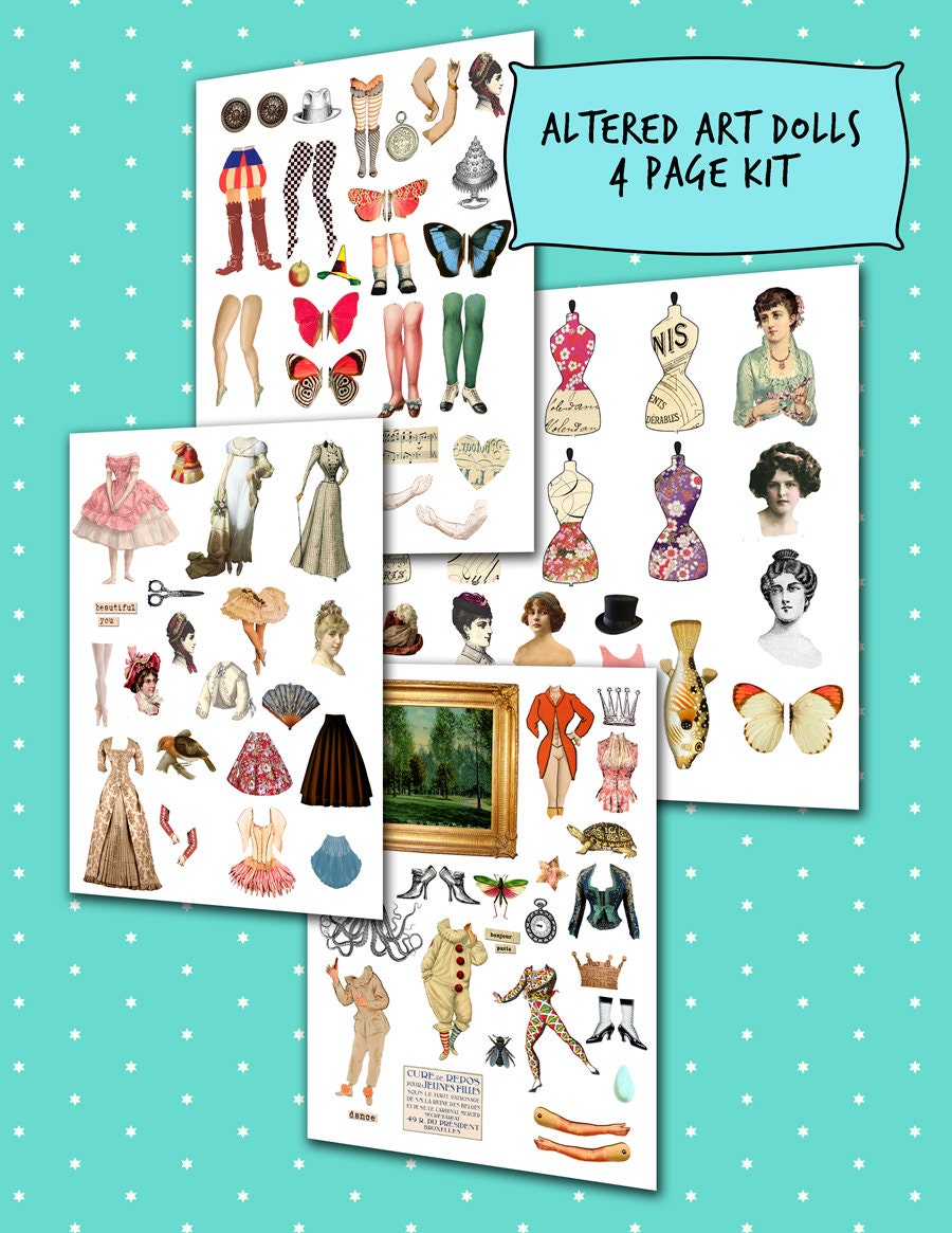 4 SHEETS Paper Dolls Altered Art Digital Collage Sheet