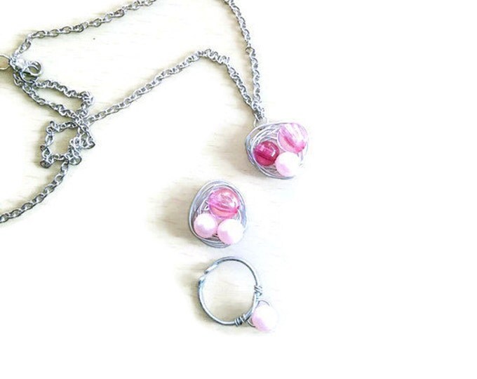 Pink nest necklace/boho/hippie /silver chain/ pink /pink pearl ring/ boho nest necklace/ pink ring/ hippie /pink girly necklace/nest
