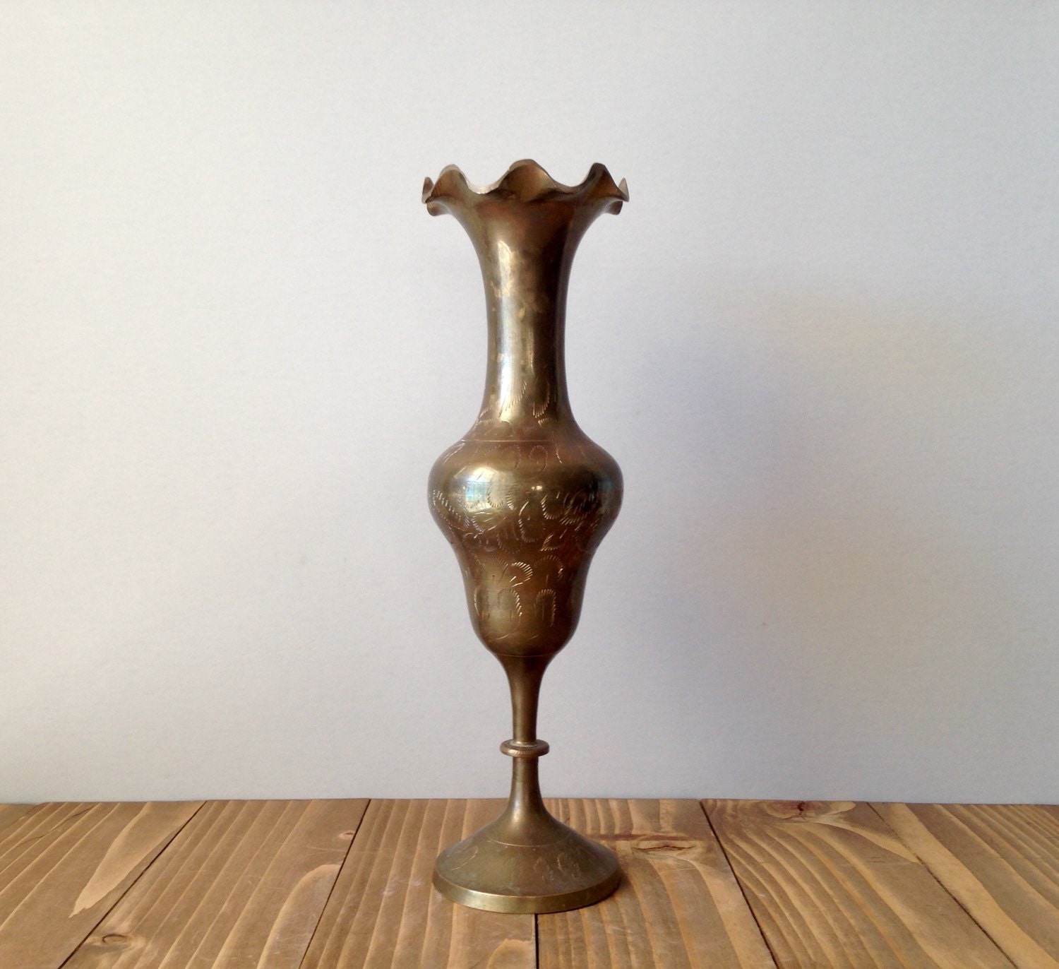 Large Vintage Etched Vase Tall Brass Vase by SeventyThreeVintage