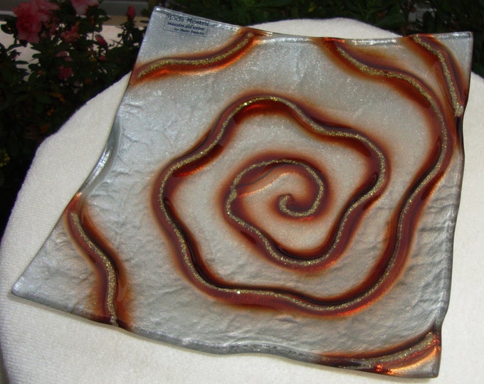 Collector Piece Vintage square Murano style Decorative Plate, Silver Brown Chocolate Handmade Fused Glass Tray, Exclusive Serving Platter