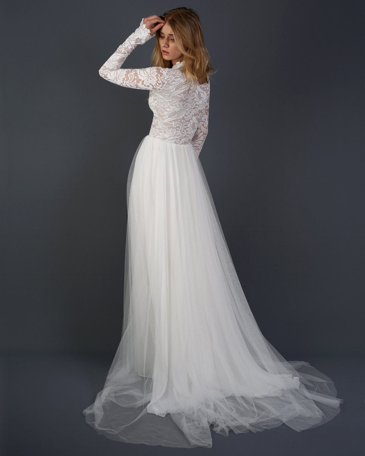 Long Sleeve Boho Wedding Dress with Silk Chiffon and Soft