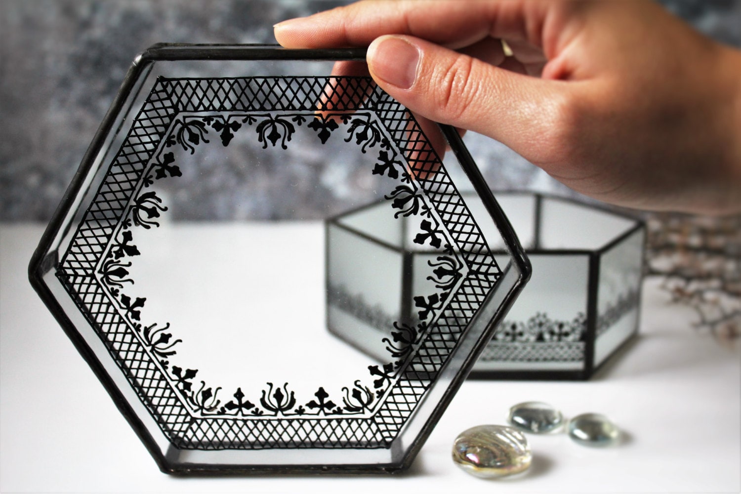 Gothic jewelry box Black Victorian glass box Unique black