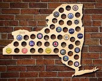 New York Beer Cap Map - Engravable - Made in USA - NY Beer Cap Holder, NYC Craft Beer Gifts for Men, Dad, New Yorkers and Travelers