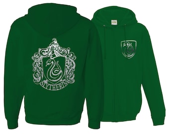 Harry potter Inspired Slytherin House Zip Up Unisex Adult Hoodie with silver emblem in front and back.