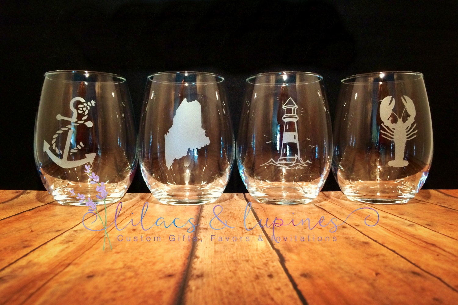 Nautical Etched Stemless Wine Glasses Maine Wine Glasses