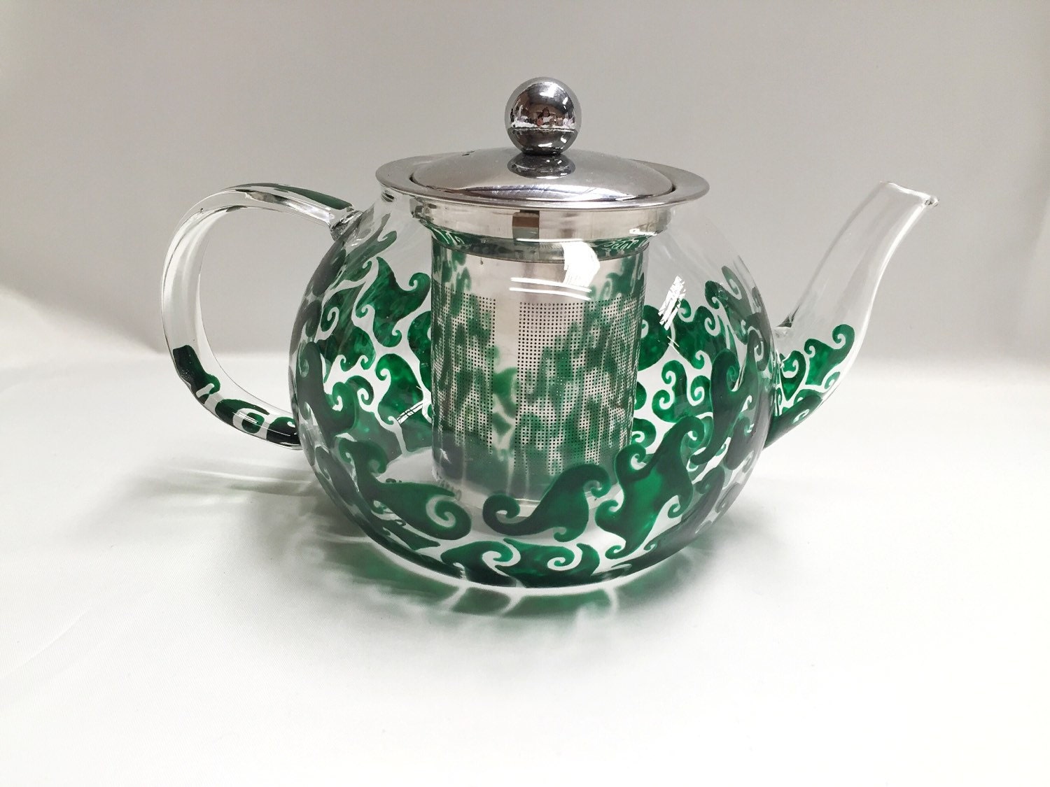 Hand painted Glass Teapot with metal lid & strainer