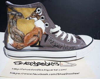 Custom customised trainers sneakers, shoes, converse, rabbit, harley quinn, suicide squad, hare, fairy, jungle, wolf, hand painted, fine art