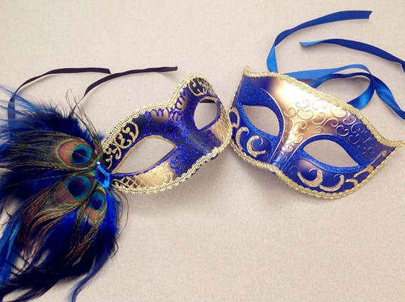 Gold Royal Blue Couple masquerade mask pair party centerpiece