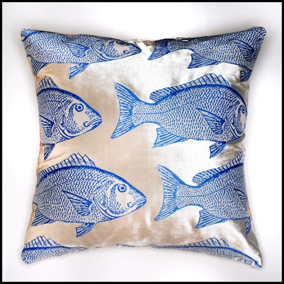 Blue fish pillow cover silver fabric extra large pillow