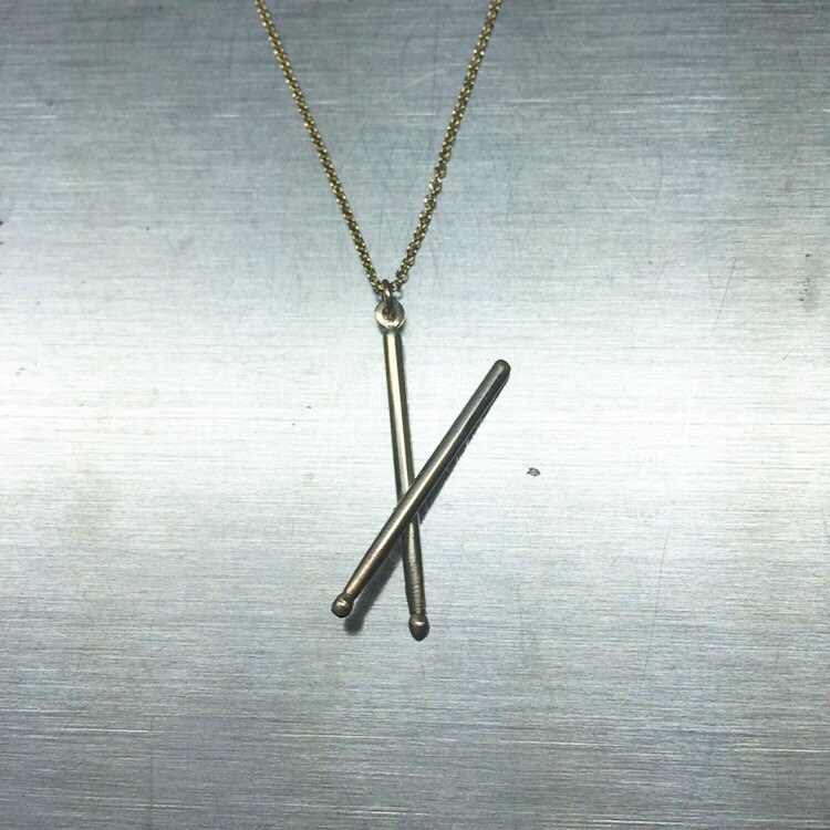 Tiny Drumstick Necklace Drum Stick Charm Hand Made from Gold