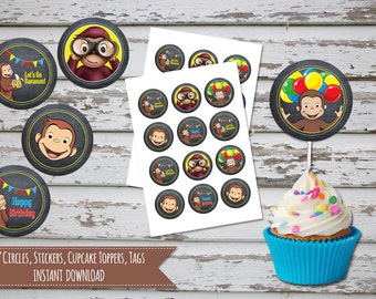 Curious George Cupcake Toppers Curious George Party Supplies Curious George Cake Topper Curious George Favor Tags INSTANT DOWNLOAD