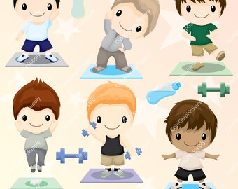 Fitness clipart, work out clipart, fitness boys clipart, yoga clipart, gym clipart, routine clipart, sports clipart -LN099-
