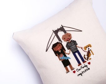 Family Cross Stitch Pillow | Custom Cross Stitch | Custom Embroidered Pillow | Wedding Gift | Housewarming Gift | by Cloth and Twig