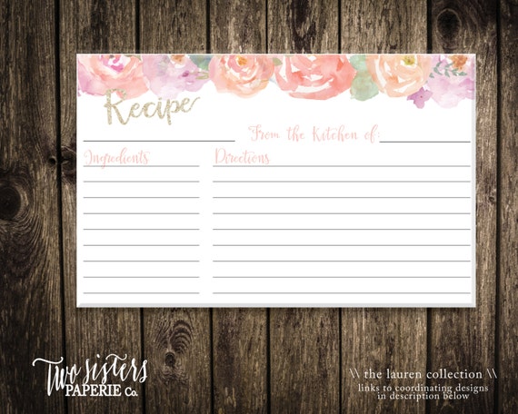 Printable Recipe Card Floral Recipe Card by TwoSistersPaperieCo