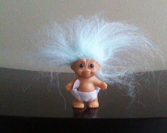 Vintage Russ Troll Doll Baby with Diaper Light Blue Hair Trolls 2"