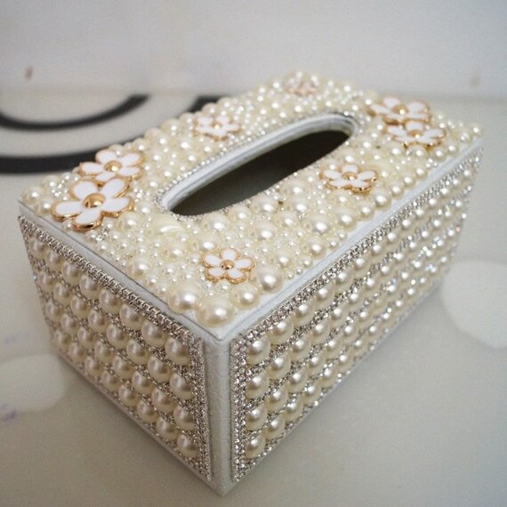 unique napkin holder box handmade ivory pearl beads flowers