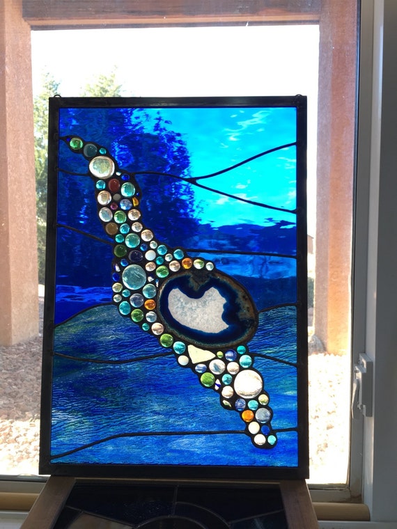 Stained Glass Window Panel Under the Sea Blue by BlueOceanGlass