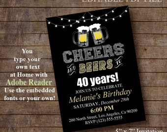 Cheers and Beers to 30, 40, 50 years, Birthday party invite, Printable Editable PDF File Invitation Instant Download A852