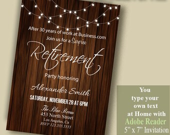 Printable Retirement Invitation, Self editable invitation, You type your own text with Adobe Reader PDF file A1015