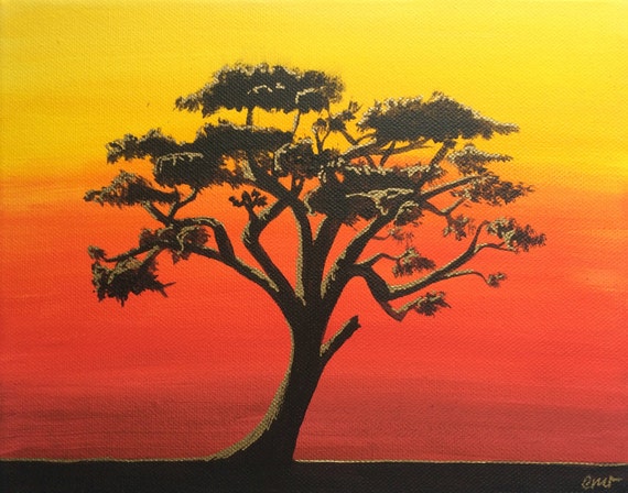 Sunset Silhouette Original Acrylic Painting on Canvas 10 x 8