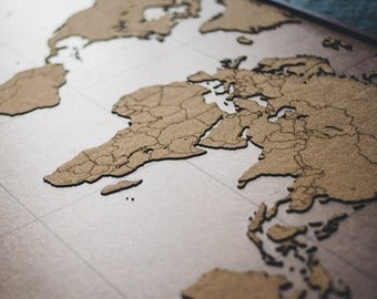 Lasercut and Handmade Cork Push Pin World Map Wall Art with Wood Frame (39,3" x 23,6")