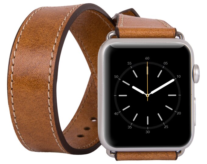 Apple Watch Double Tour Genuine Leather Band Strap, Husband Gift Wife Gift, Apple Watch Leather Band 42mm for Series 3, 2  and 1 in Camel