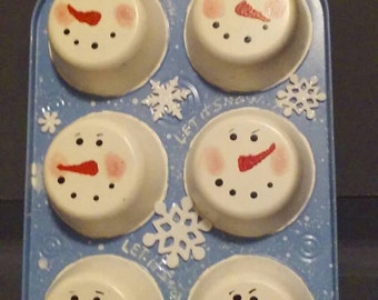 Handpainted Muffin pan snowman. 6 snowman has his/her own attitude.