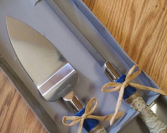 Stainless Steel Rustic Burlap and Lace Wedding Cake Cutting Set