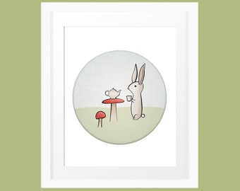 Bunny rabbit drinking tea cute hand drawn illustration children's wall decor 8x10 INSTANT DOWNLOAD