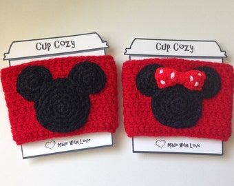 Mickey and Minnie Crochet Cup Cozy, Disney Coffee Cozy, Mickey and Minnie Coffee Sleeve