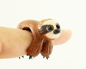 Sloth ring - Polymer clay miniature, Folivora - Wearable art