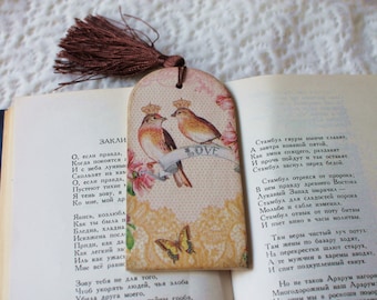 Mothers Gift for girlfriend Wooden bookmark Decoupage bookmark Romantic gift Accessories for book Bookmark with flowers Birds Bookmark love
