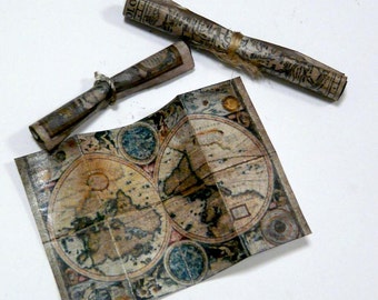 Dollhouse Miniature Map Aged 1:12 Large Steampunk Wizard Library Mini Maps Antique Vintage 1/12 Edwardian Study Ancient World Dolls House