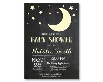 Moon Baby Shower Invitation. Stars Baby Shower Invitation. Over the moon. Boy or Girl Baby Shower Invite. Chalkboard. Printable Digital.