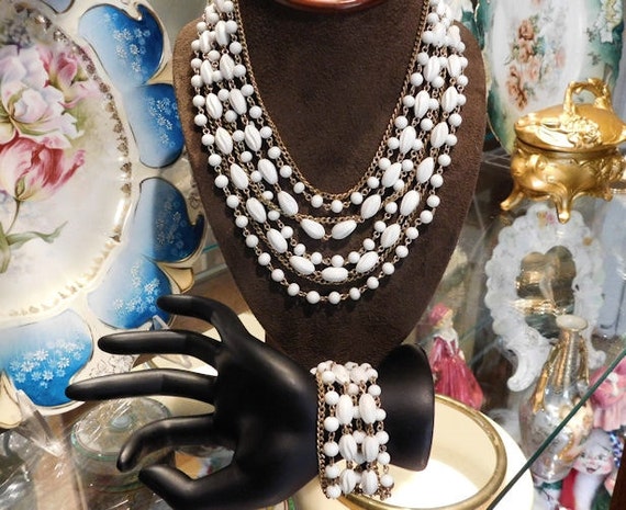 CORO Necklace Bracelet Demi Parure Mid Century Hollywood Vintage Wedding Bride Bridal Jewelry Multi Strand Milk Glass White Molded Plastic