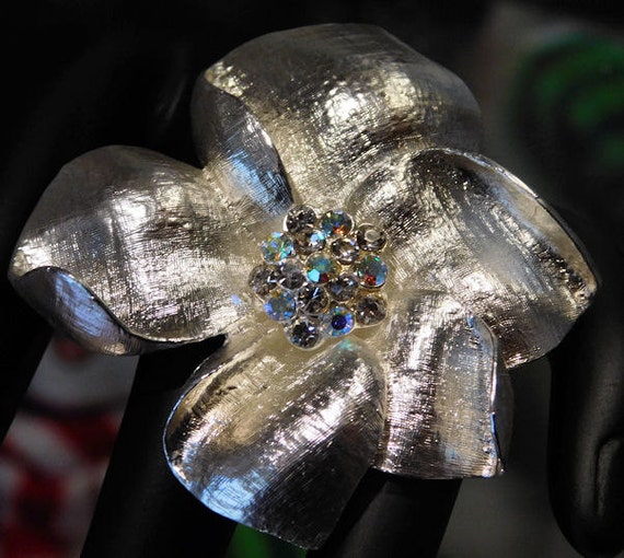 Vintage Brooch Pendant Clip On Earrings Set Demi Parure Silver Flower Floral Jewelry Rhinestones AB Aurora Borealis BEST Wedding Bride