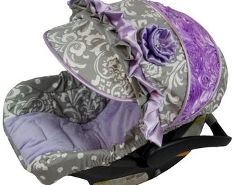 Custom Car Seat Covers, 4 PC Grey Damask Infant Car Seat Cover, Fancy Car Seat Cover, Baby Car Seat Covers, Over the Top
