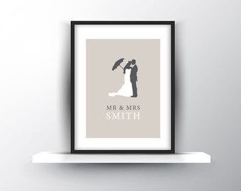 Mr & Mrs Silhouette Personalised Wedding Print, Wedding Gift for Bride and Groom with Free UK Shipping