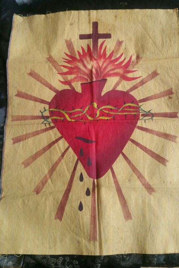 Vintage Spanish Hand Painted Sacred Heart Flaming Heart Banner