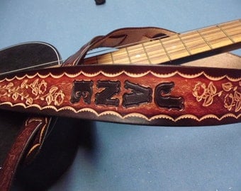MAHOGANY w/Roses~~Genuine Leather Guitar Strap ~~ 2"Wide Comfortable, Lightweight & Adjustable~~Engraved Free! Ships in 1 Week!