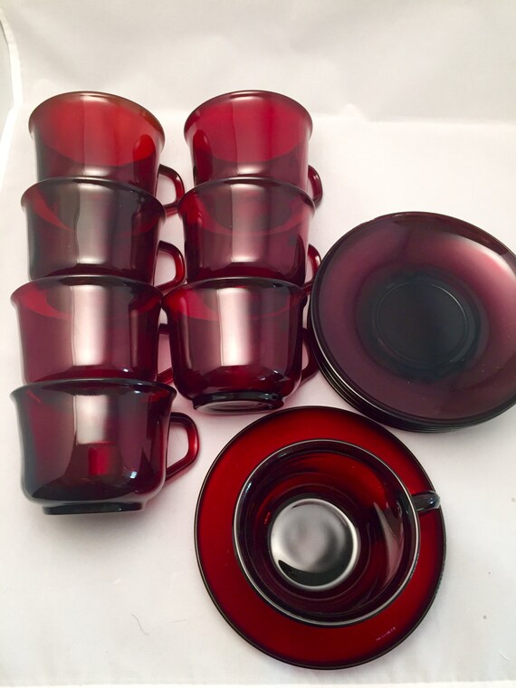 Arcoroc France Ruby Red Glass Cup & Saucer Set Red by Speckadoos