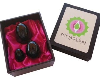 Black Obsidian Yoni Eggs for Women Kegel Exercises; Set of 3 Predrlled with Instruction Guide