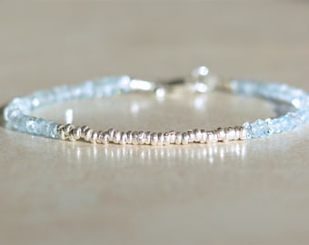 Aquamarine Gemstone Bracelet, March Birthstone, Beaded Gemstone Bracelets, Hill Tribe Silver, Vegan Friendship Bracelet, Stackable Bracelet