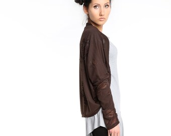 Brown bolero, Brown lycra jersey bolero, oversized bolero, freeform bolero, brown shrug, brown steampunk torn holes shrug ANDADA 002