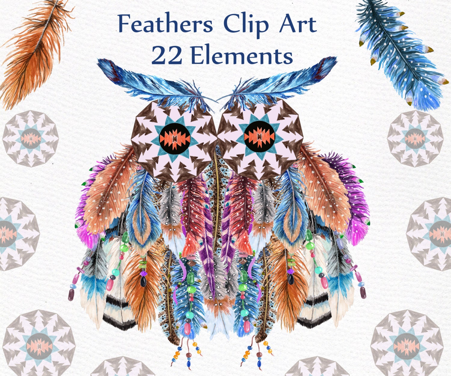 Watercolor feathers clipart: TRIBAL CLIPART Owl