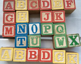 vintage wooden alphabet blocks, building blocks, baby blocks, collectible, set of 25